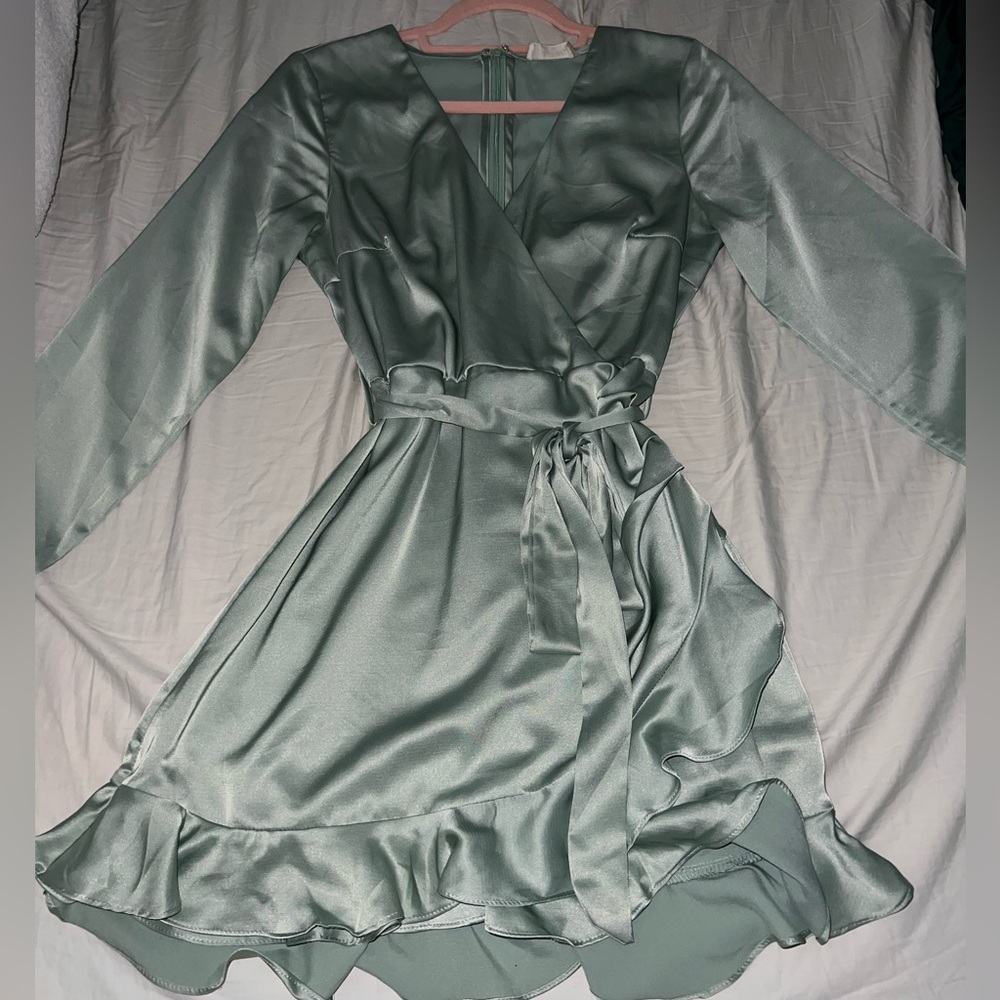 Sage green satin dress with side tie and long sleeves